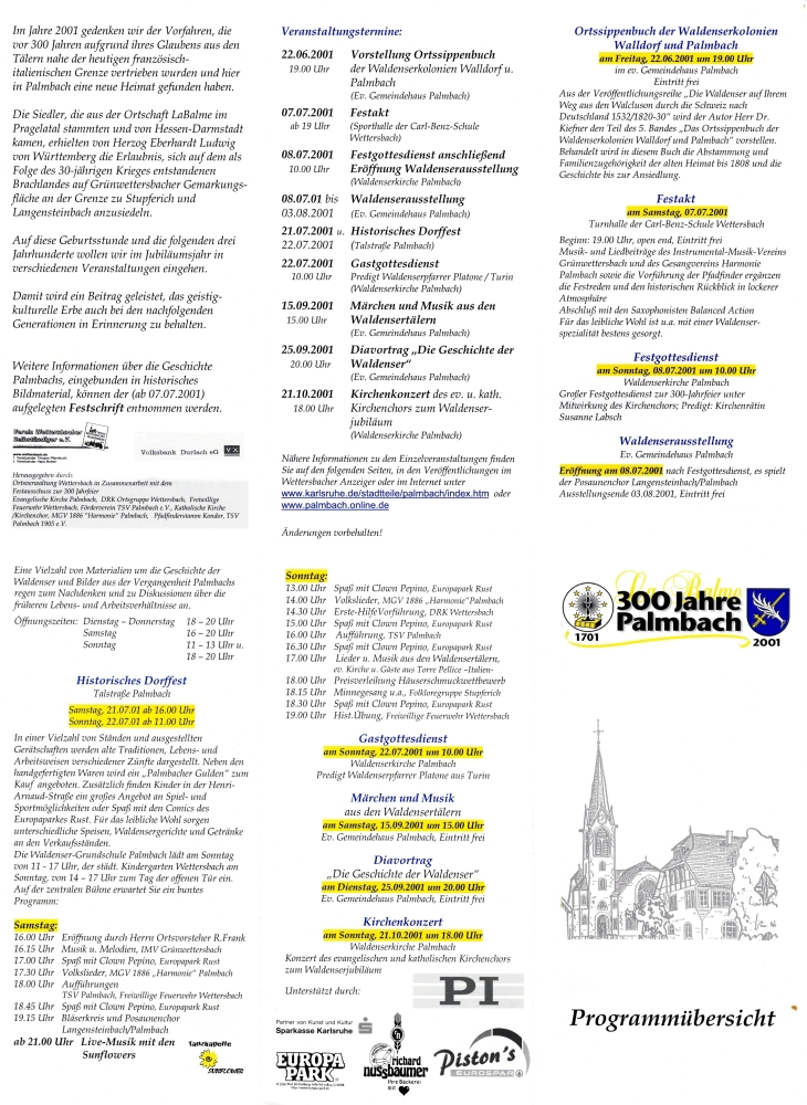 300 Jahre Palmbach- Jahresprogramm 2001