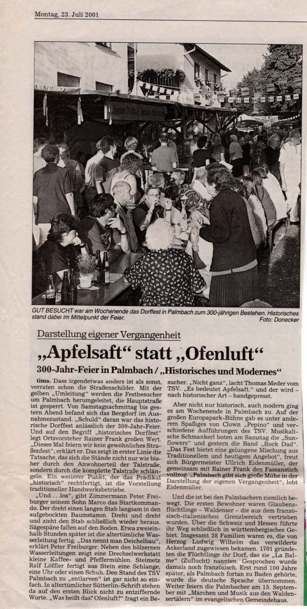 300-Jahr-Feier in Palmbach. BNN-Bericht vom 23. Juli 2001 300-Jahr-Feier in Palmbach. BNN-Bericht vom 23. Juli 2001