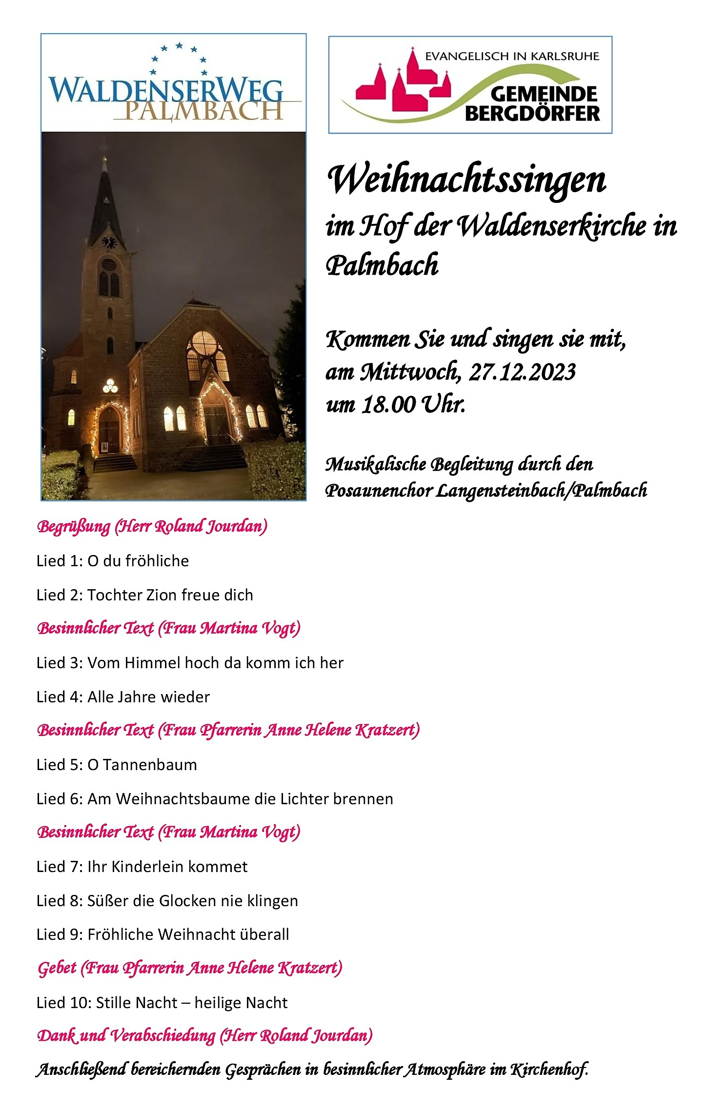 Programm Weihnachtssingen Palmbach 2023 Programm Weihnachtssingen Palmbach 2023