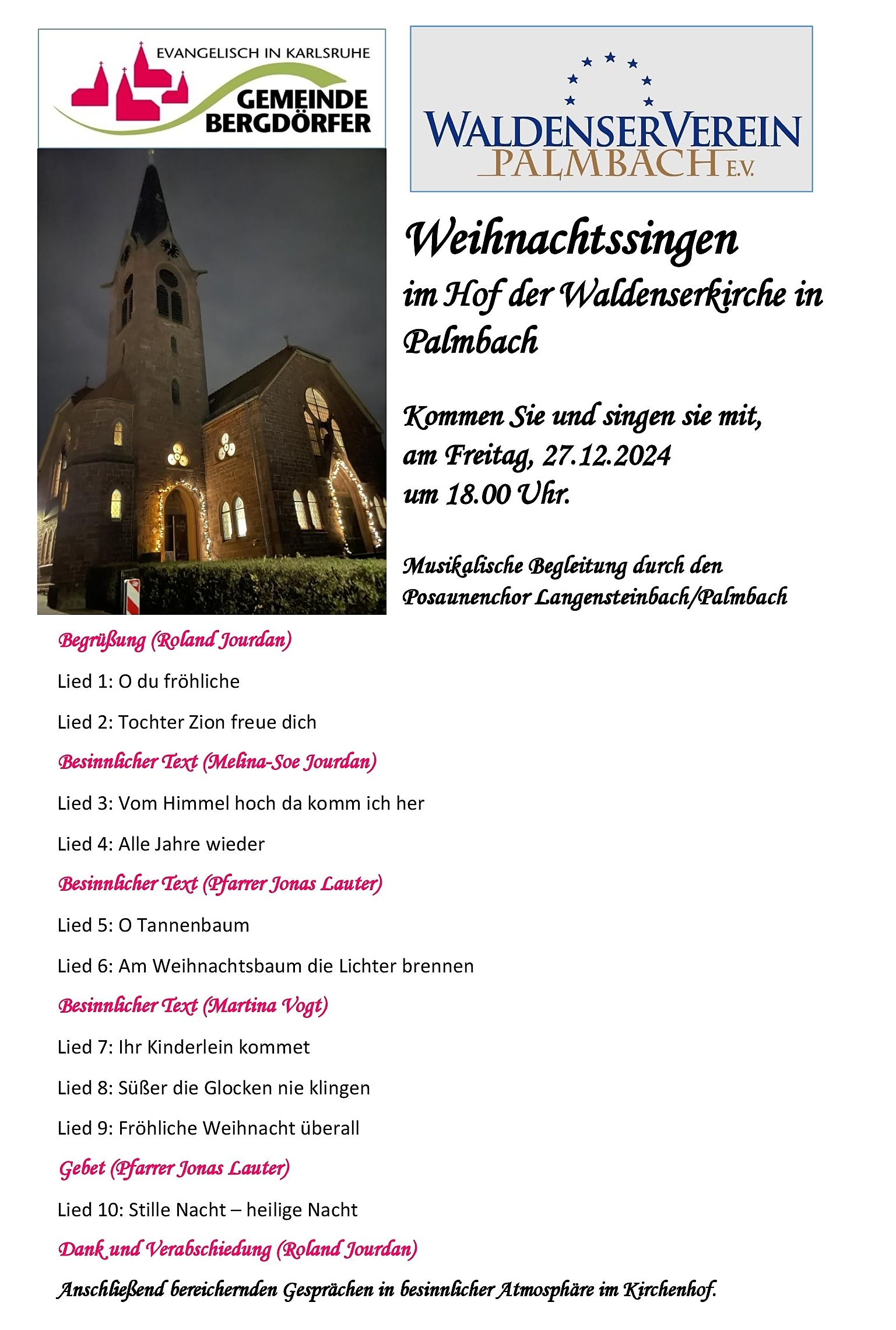 Programm Weihnachtssingen Waldenserverein Palmbach 2024 Programm Weihnachtssingen Waldenserverein Palmbach 2024
