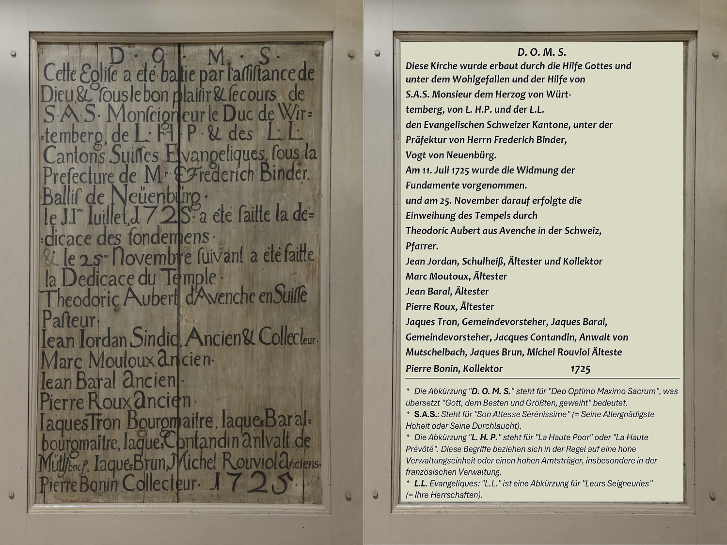 Holztafel Bau der Waldenserkirche 1725 Holztafel Bau der Waldenserkirche 1725